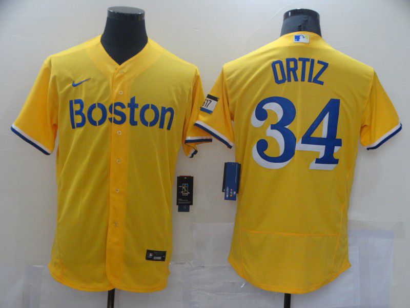 Men Boston Red Sox 34 Ortiz Yellow Elite 2021 Nike MLB Jerseys